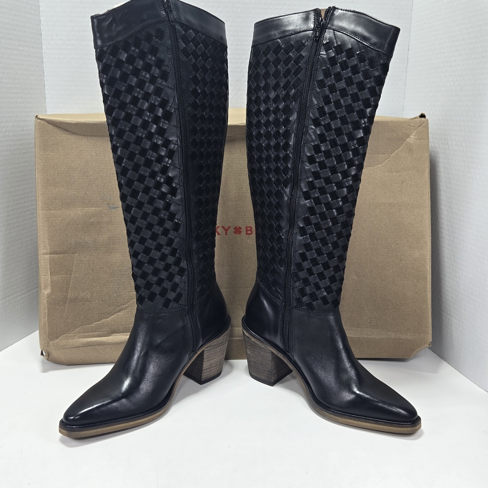 Lucky Brand Abeny Black Leather Cut-Out Woven Knee-HighBlock Heel Boots Size 6
